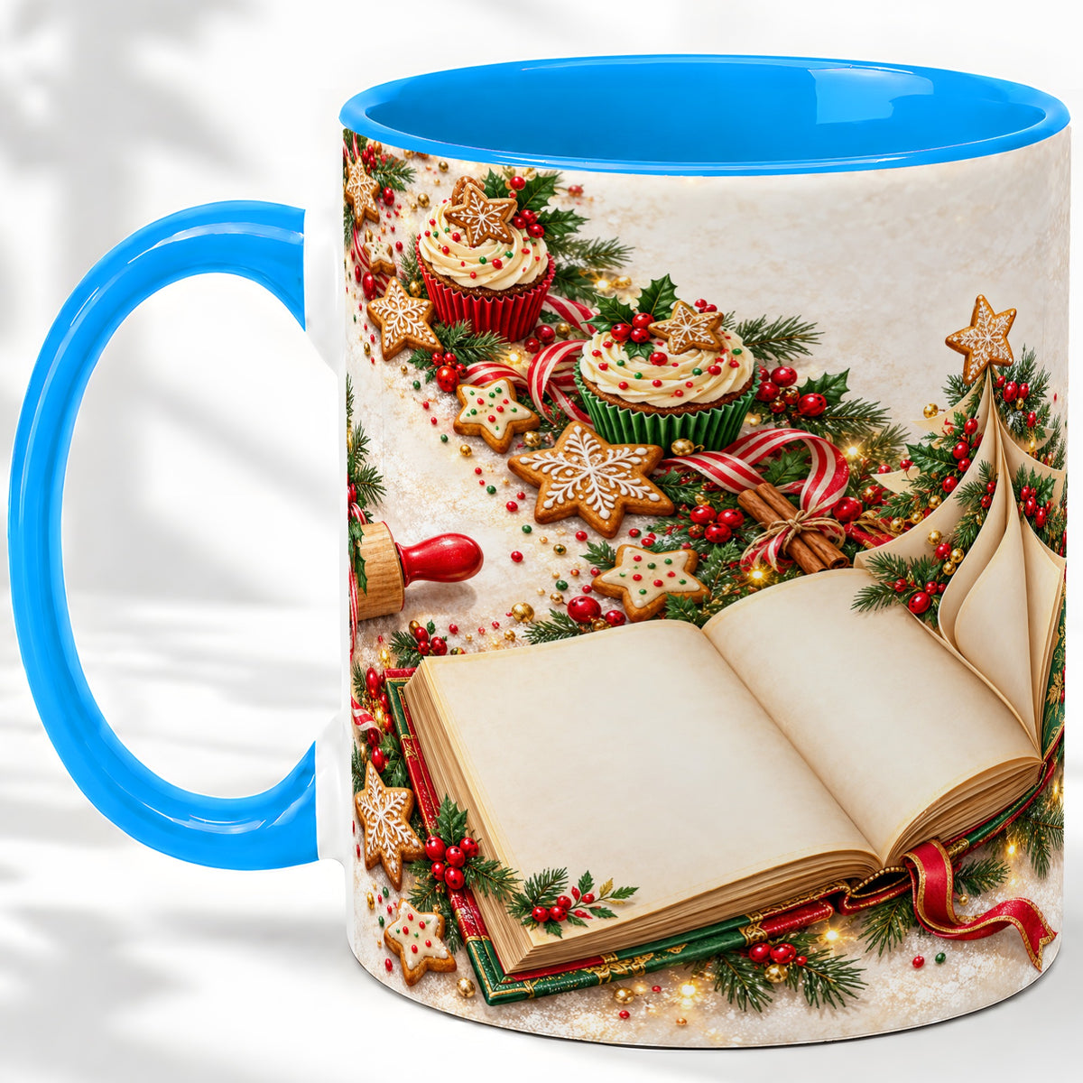 #pl[11oz|Blue] Christmas Baking Book Accent Ceramic Mug, Festive Illustration