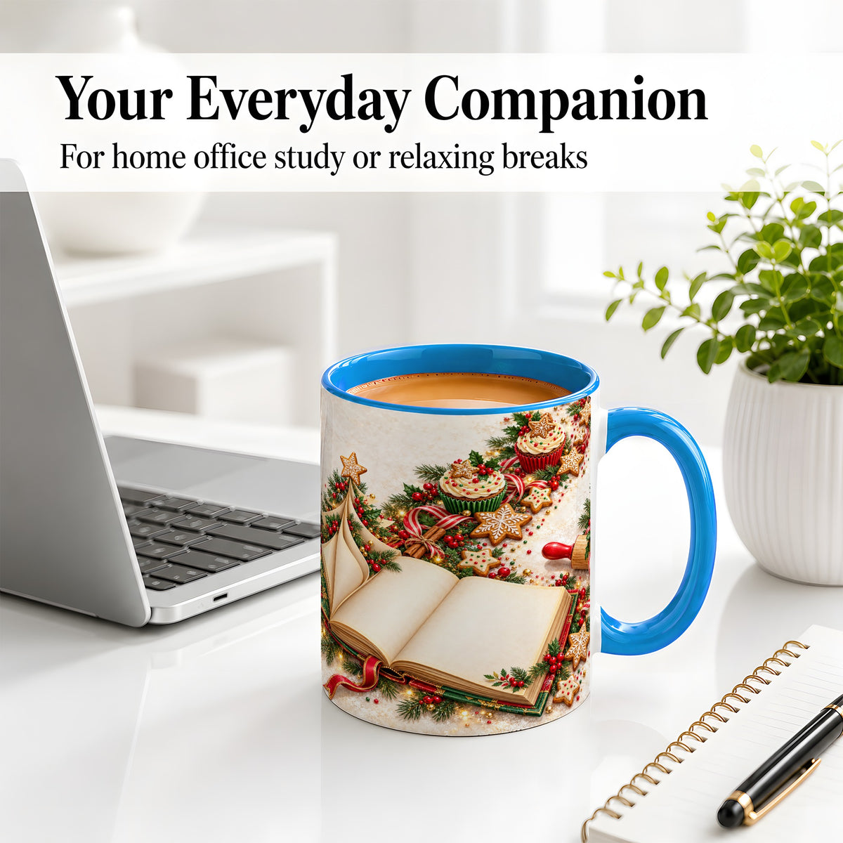 #pl[11oz|Blue] Christmas Baking Book Accent Ceramic Mug, Festive Illustration