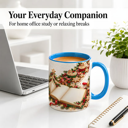 #pl[11oz|Blue] Christmas Baking Book Accent Ceramic Mug, Festive Illustration