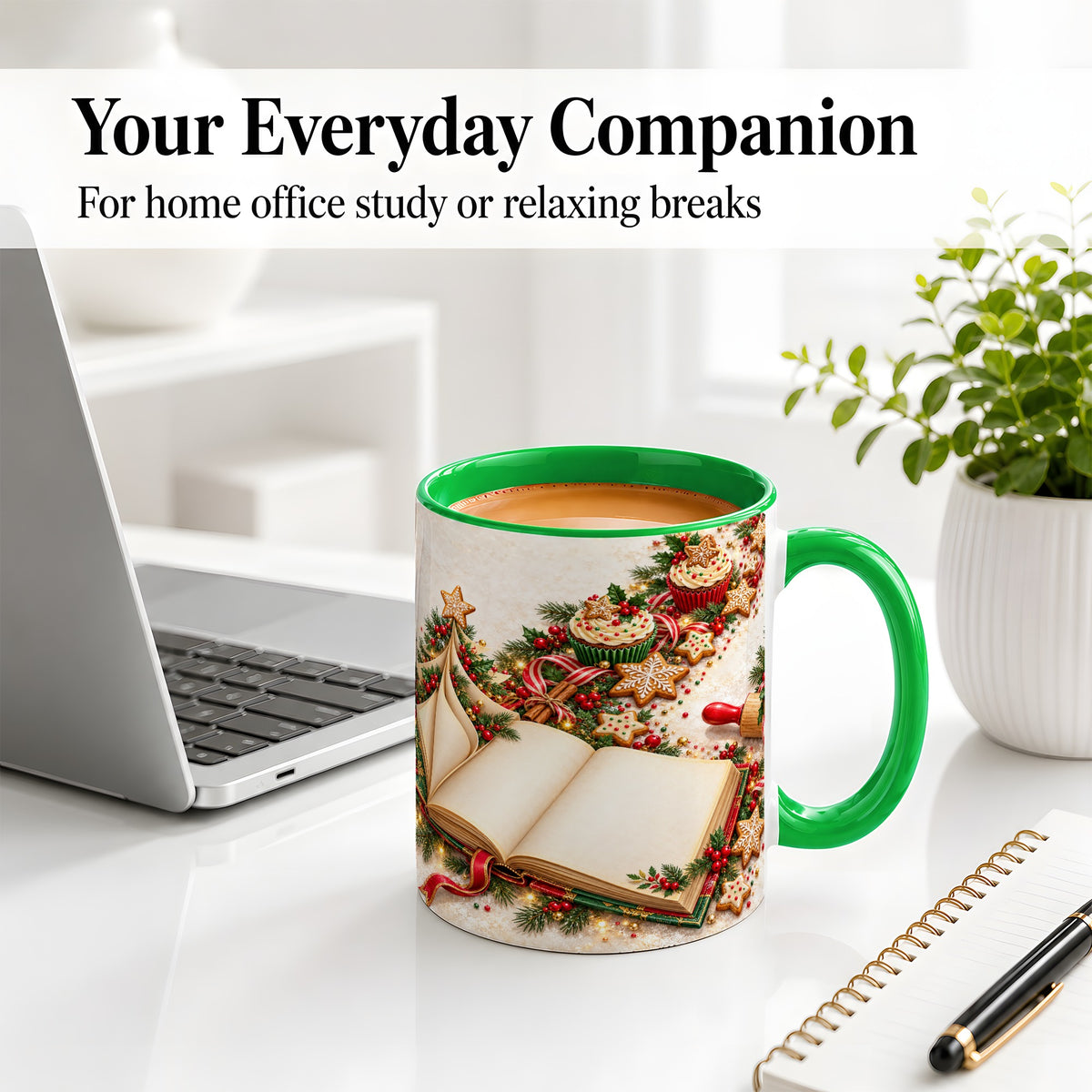 #pl[11oz|Green] Christmas Baking Book Accent Ceramic Mug, Festive Illustration