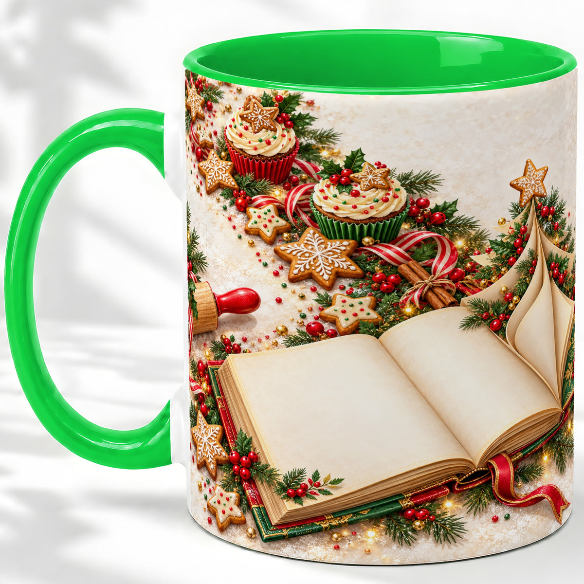 #pl[11oz|Green] Christmas Baking Book Accent Ceramic Mug, Festive Illustration