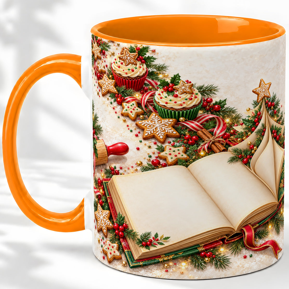 #pl[11oz|Orange] Christmas Baking Book Accent Ceramic Mug, Festive Illustration