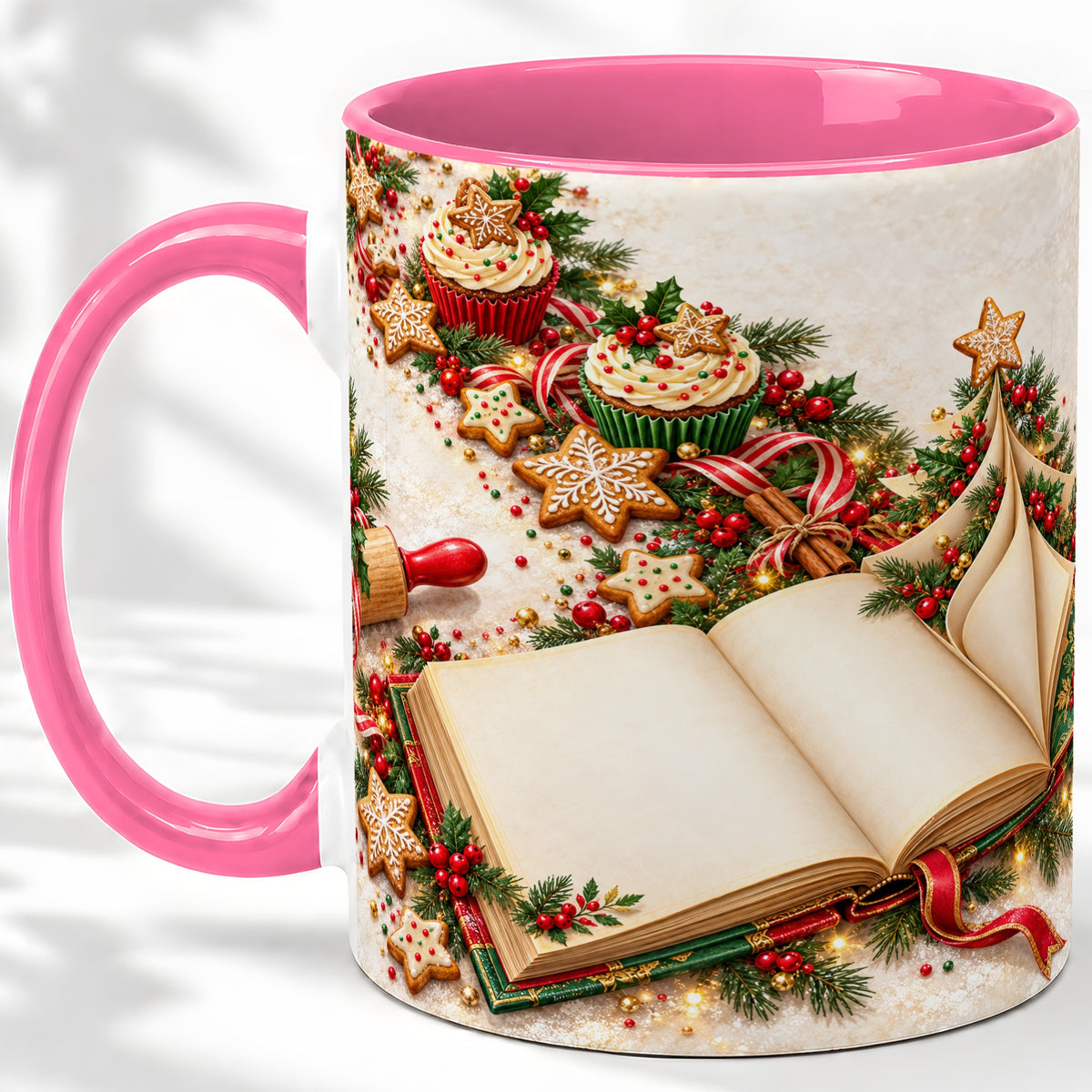 #pl[11oz|Pink] Christmas Baking Book Accent Ceramic Mug, Festive Illustration