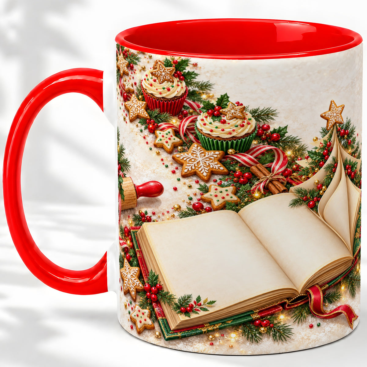 Christmas Baking Book Accent Ceramic Mug, Festive Illustration