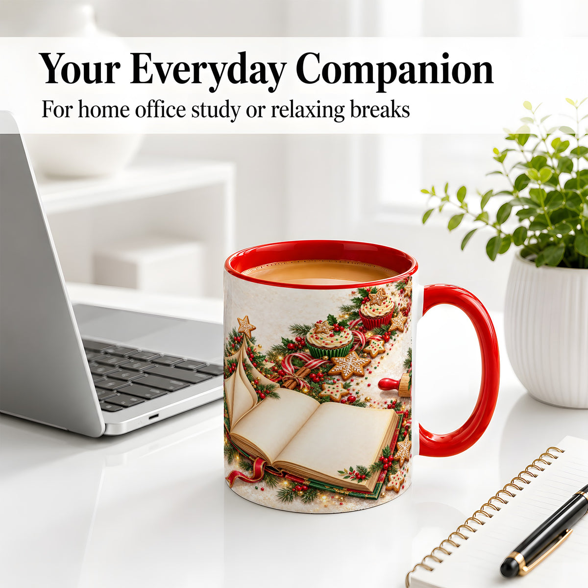 #pl[11oz|Red] Christmas Baking Book Accent Ceramic Mug, Festive Illustration
