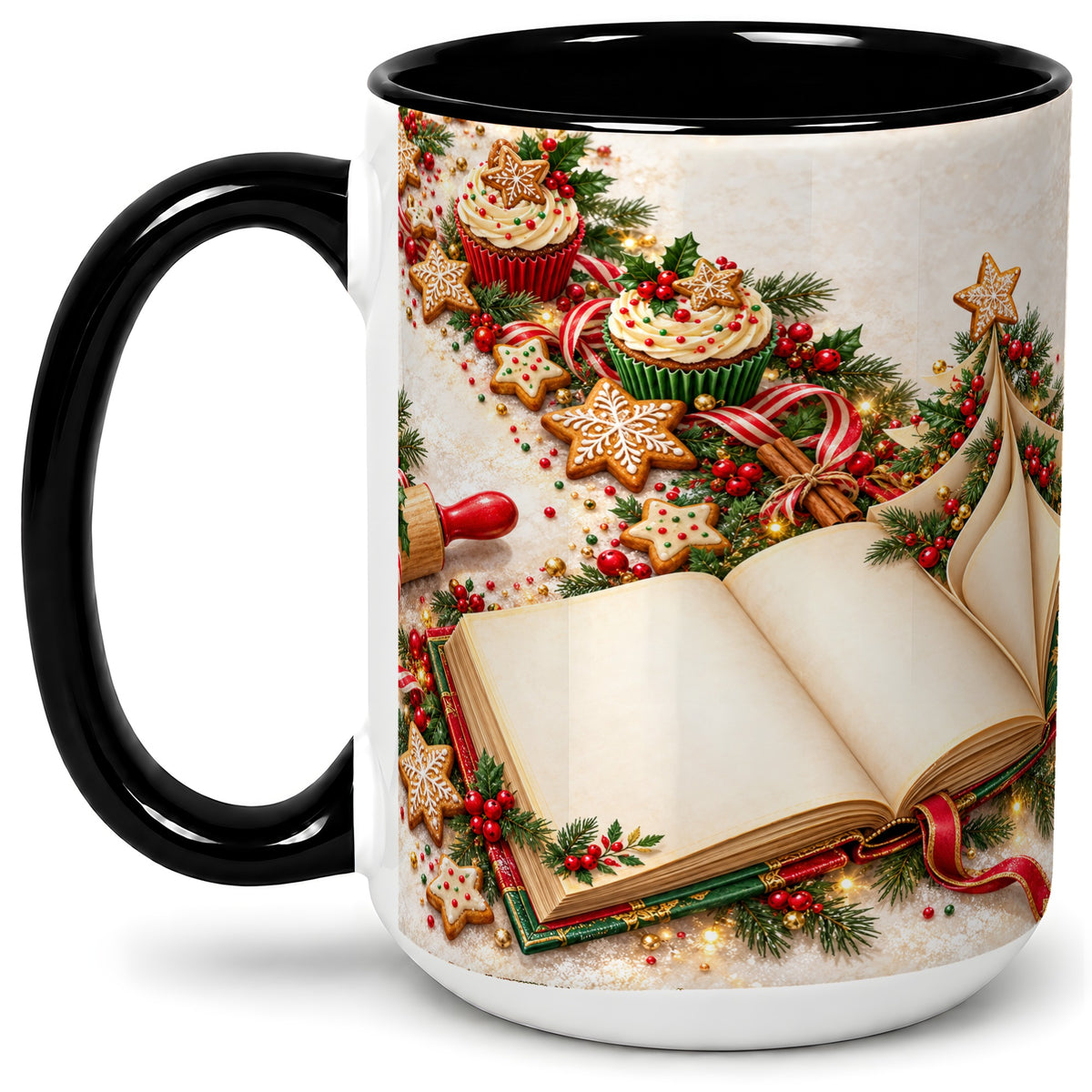 #pl[15oz|Black] Christmas Baking Book Accent Ceramic Mug, Festive Illustration