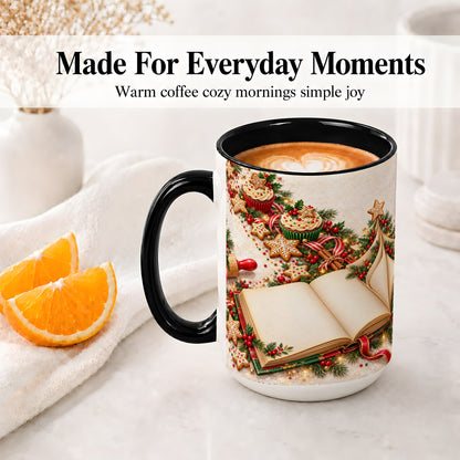 #pl[15oz|Black] Christmas Baking Book Accent Ceramic Mug, Festive Illustration