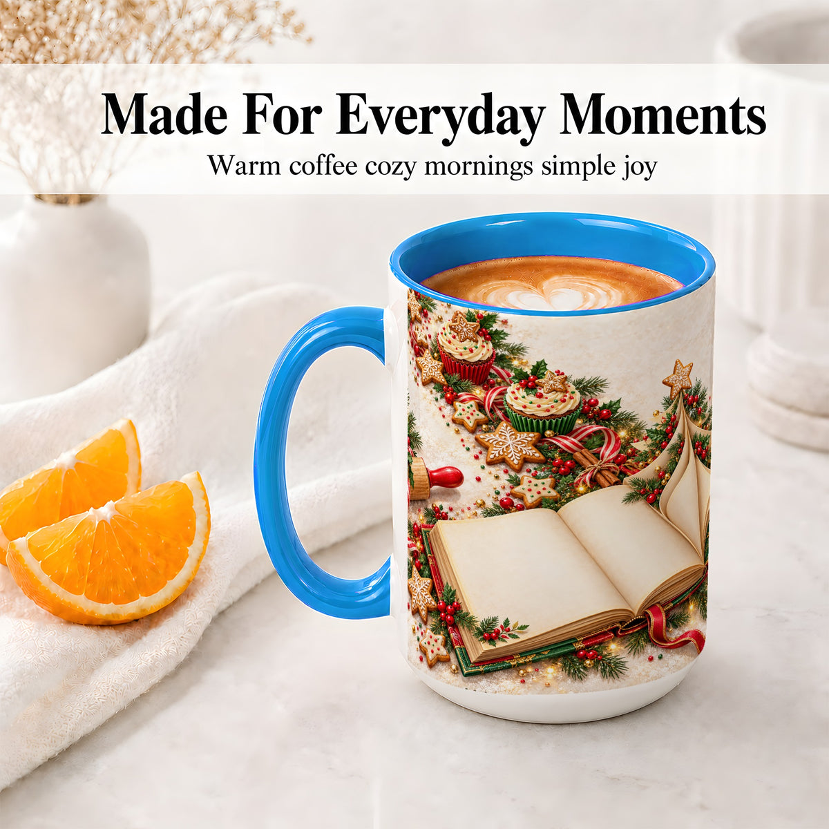 #pl[15oz|Blue] Christmas Baking Book Accent Ceramic Mug, Festive Illustration