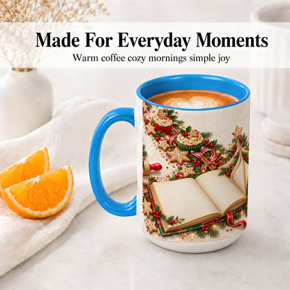 #pl[15oz|Blue] Christmas Baking Book Accent Ceramic Mug, Festive Illustration