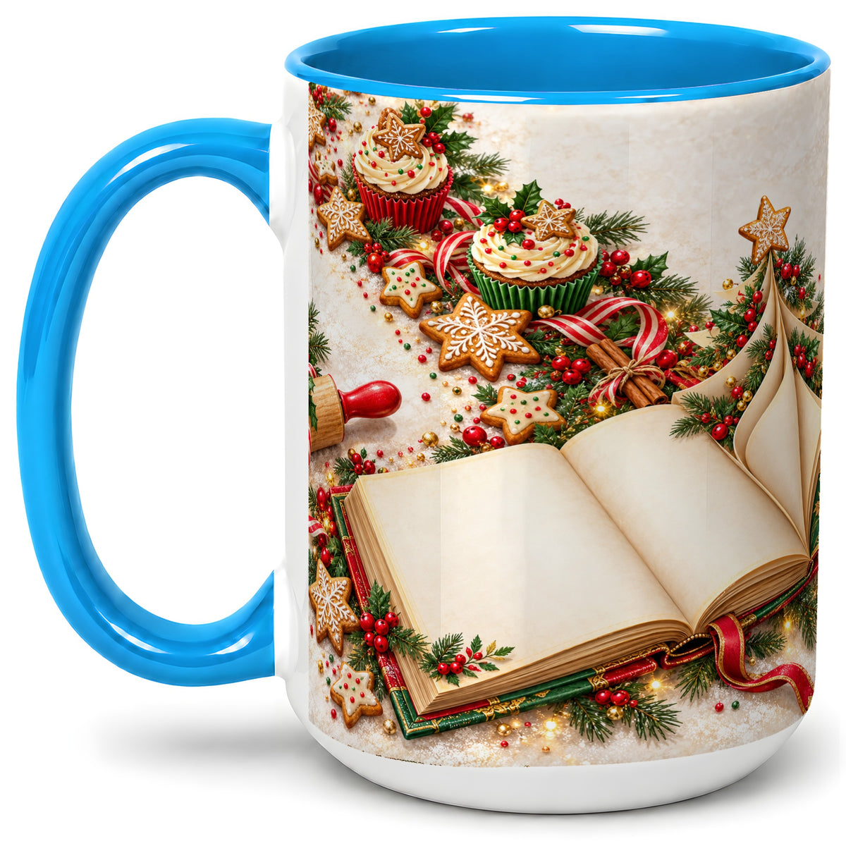 #pl[15oz|Blue] Christmas Baking Book Accent Ceramic Mug, Festive Illustration