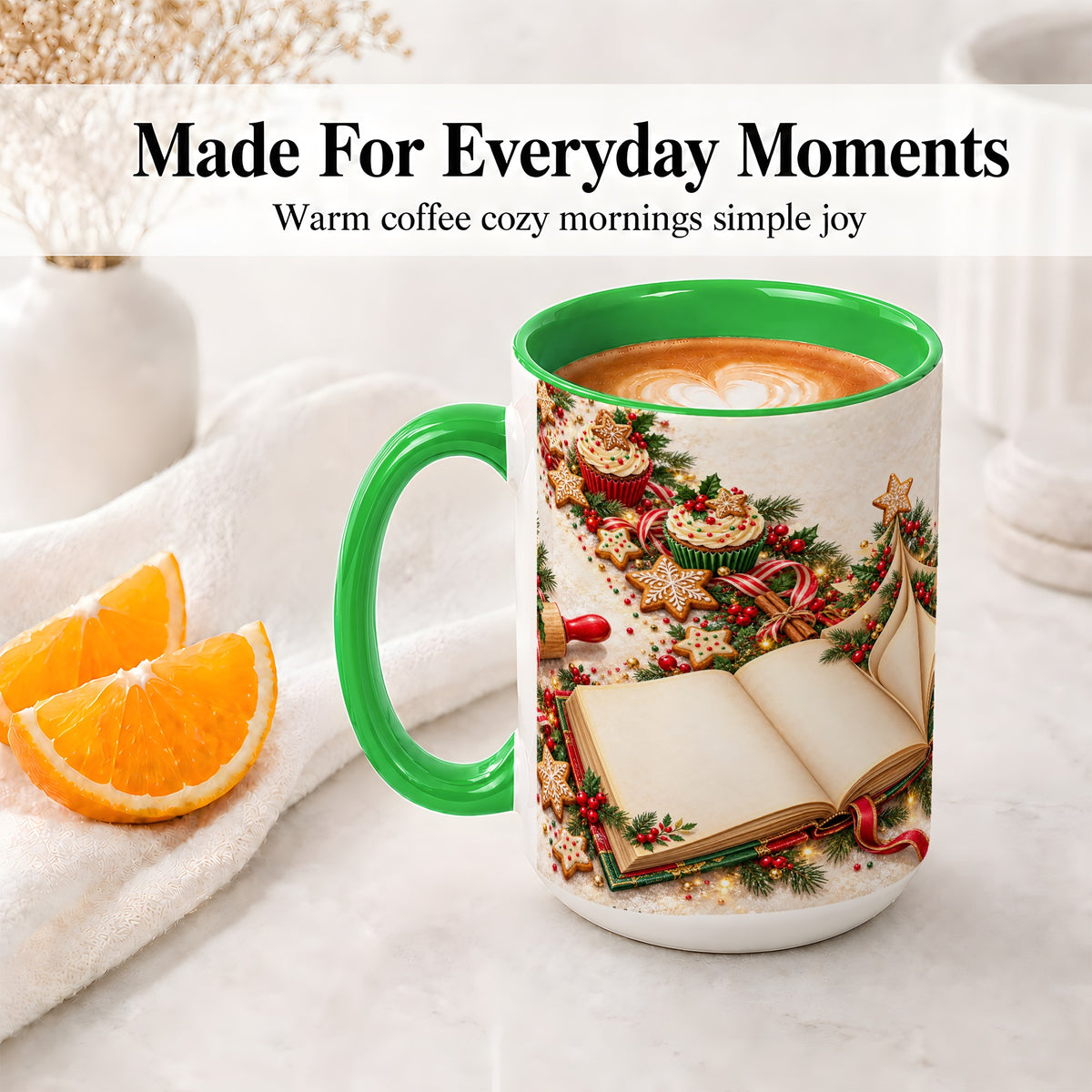 #pl[15oz|Green] Christmas Baking Book Accent Ceramic Mug, Festive Illustration