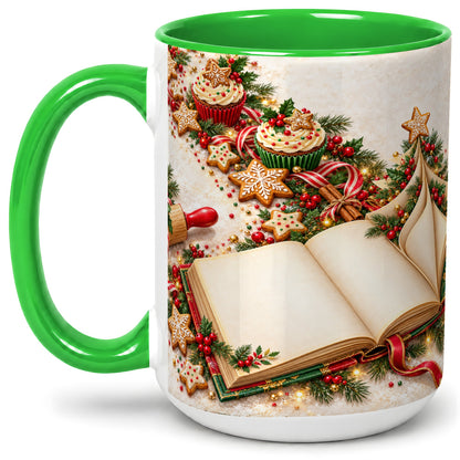 #pl[15oz|Green] Christmas Baking Book Accent Ceramic Mug, Festive Illustration