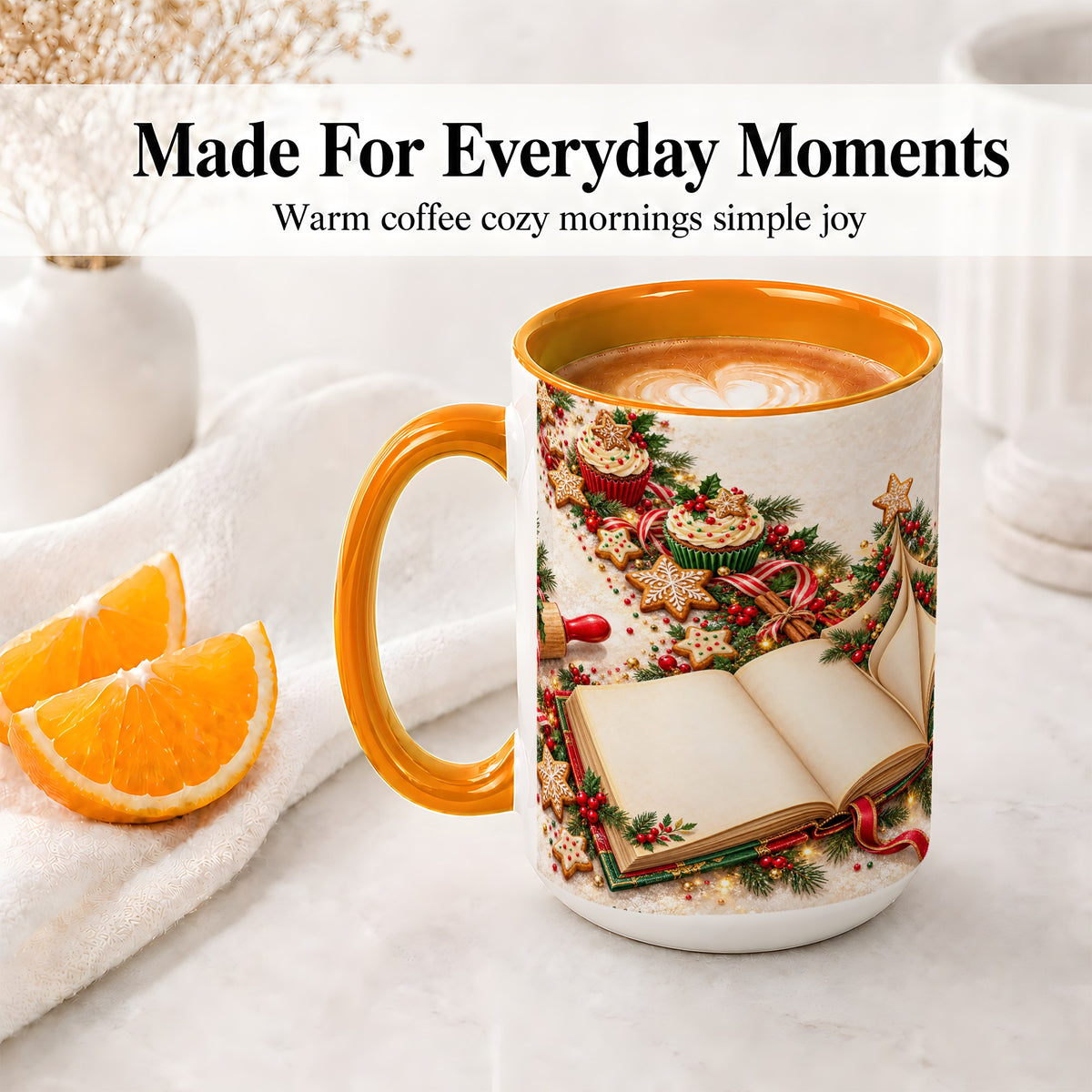 #pl[15oz|Orange] Christmas Baking Book Accent Ceramic Mug, Festive Illustration