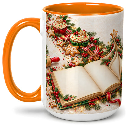 #pl[15oz|Orange] Christmas Baking Book Accent Ceramic Mug, Festive Illustration