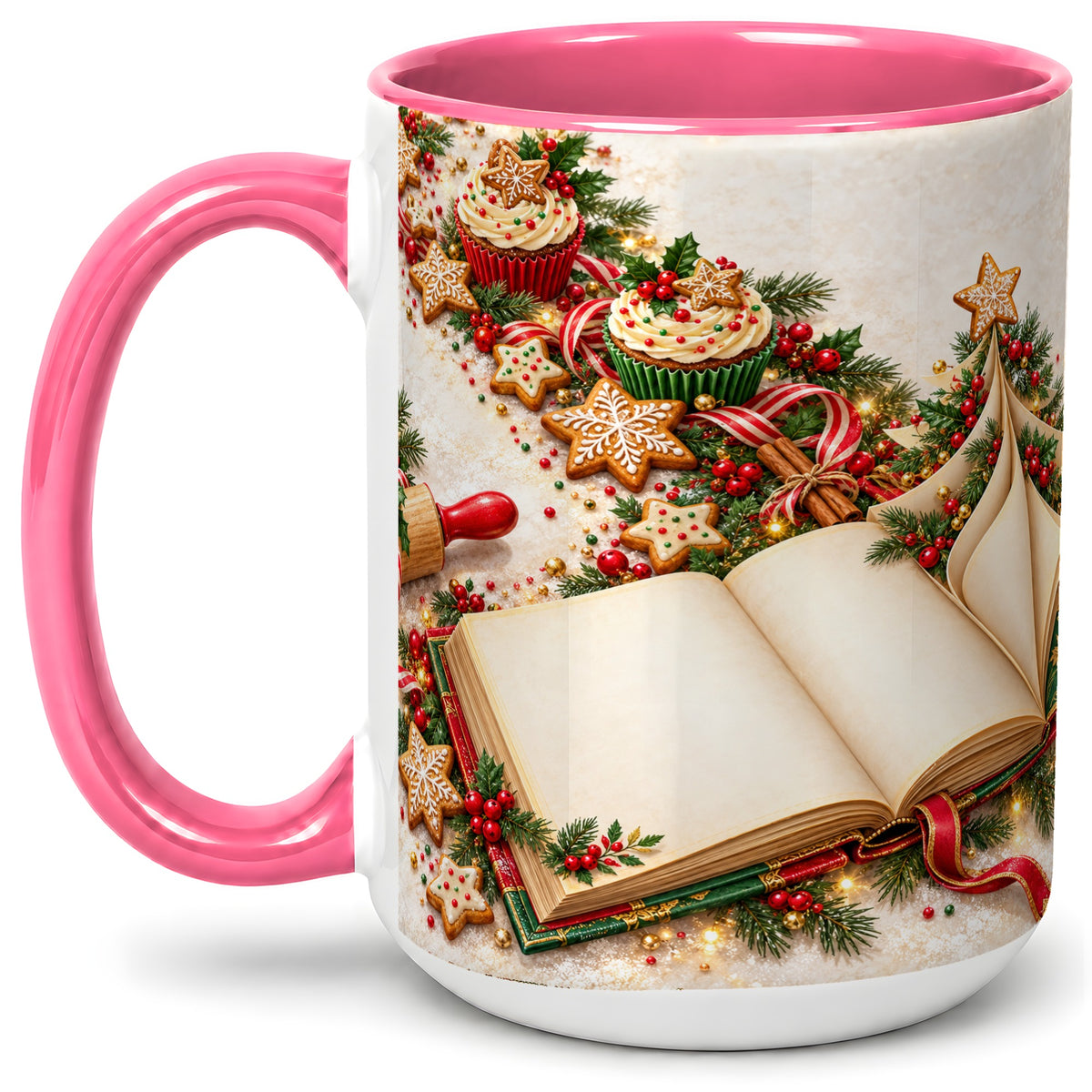 #pl[15oz|Pink] Christmas Baking Book Accent Ceramic Mug, Festive Illustration