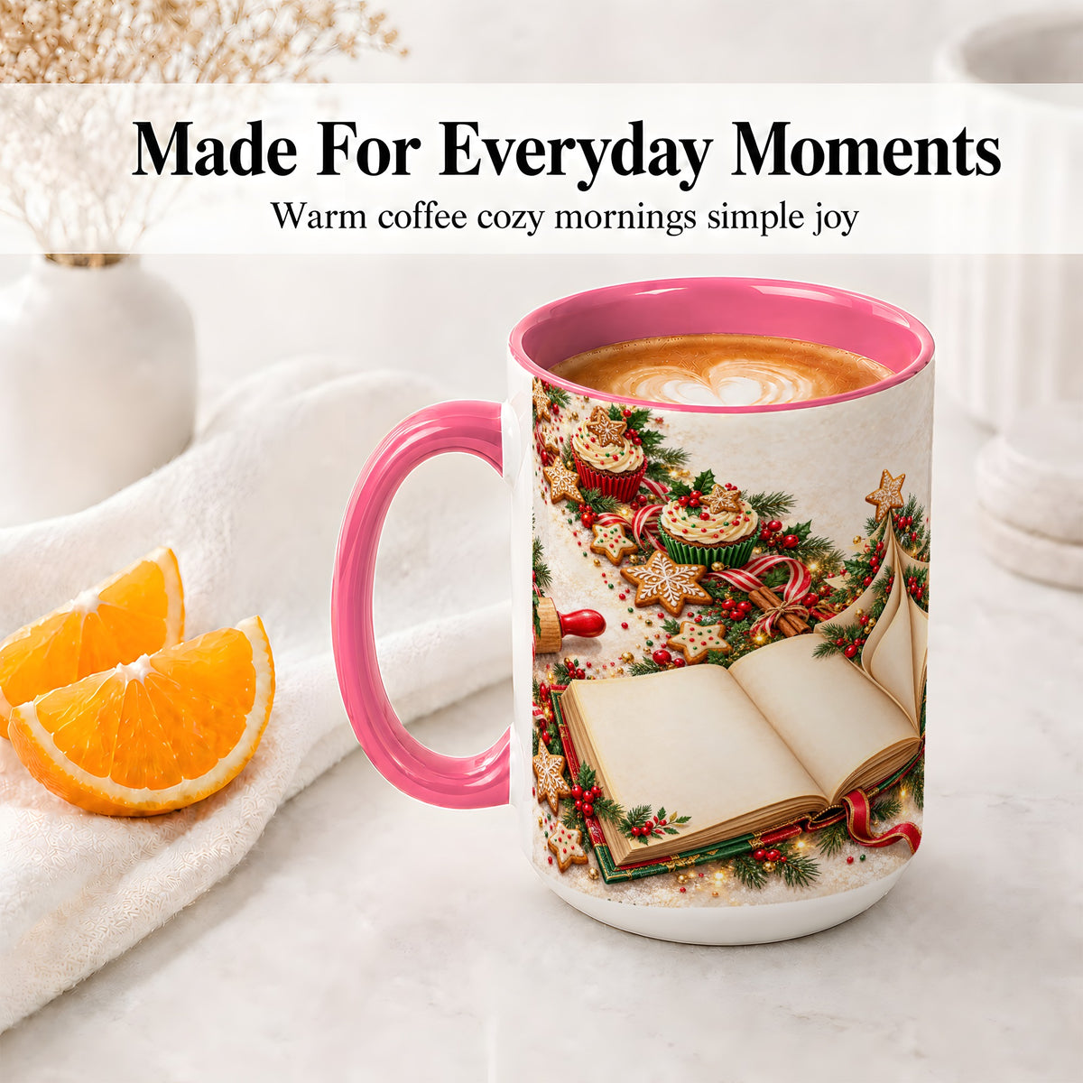 #pl[15oz|Pink] Christmas Baking Book Accent Ceramic Mug, Festive Illustration