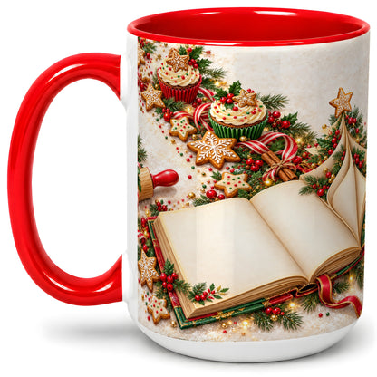 #pl[15oz|Red] Christmas Baking Book Accent Ceramic Mug, Festive Illustration