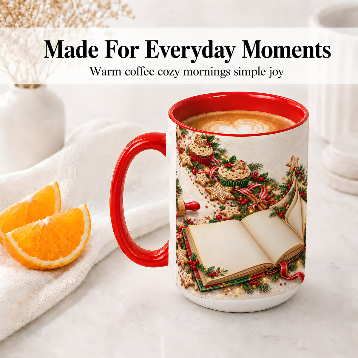 #pl[15oz|Red] Christmas Baking Book Accent Ceramic Mug, Festive Illustration