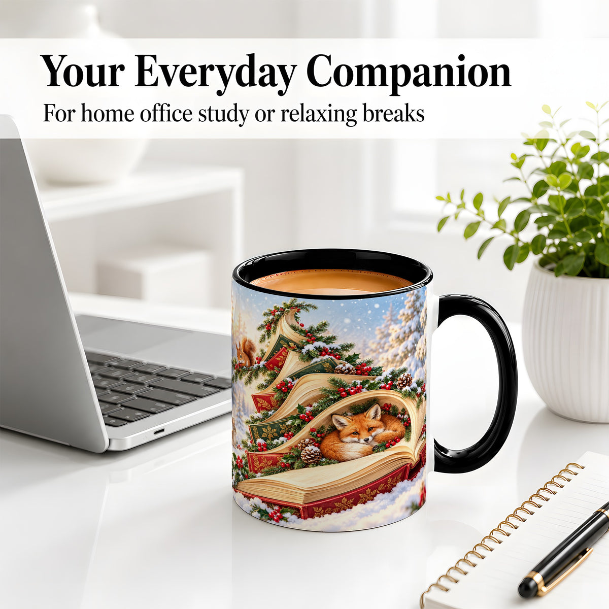 #pl[11oz|Black] Christmas Book Tree Accent Ceramic Mug, Woodland Animals