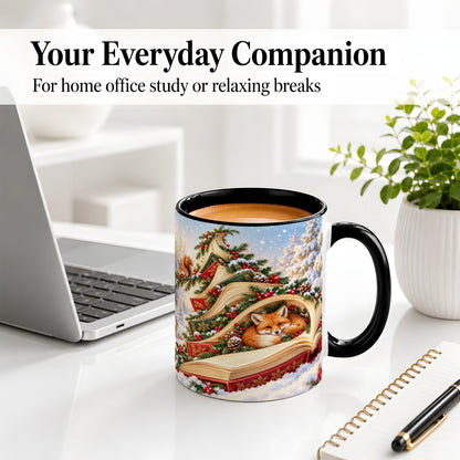 #pl[11oz|Black] Christmas Book Tree Accent Ceramic Mug, Woodland Animals