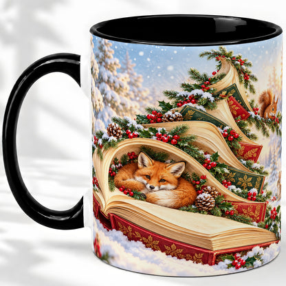 #pl[11oz|Black] Christmas Book Tree Accent Ceramic Mug, Woodland Animals