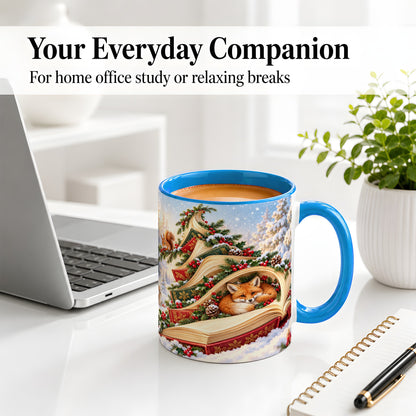#pl[11oz|Blue] Christmas Book Tree Accent Ceramic Mug, Woodland Animals