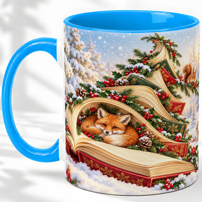 #pl[11oz|Blue] Christmas Book Tree Accent Ceramic Mug, Woodland Animals