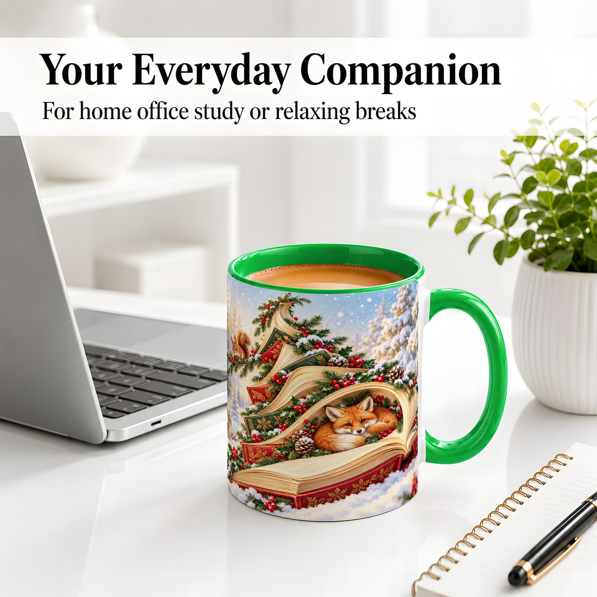 #pl[11oz|Green] Christmas Book Tree Accent Ceramic Mug, Woodland Animals