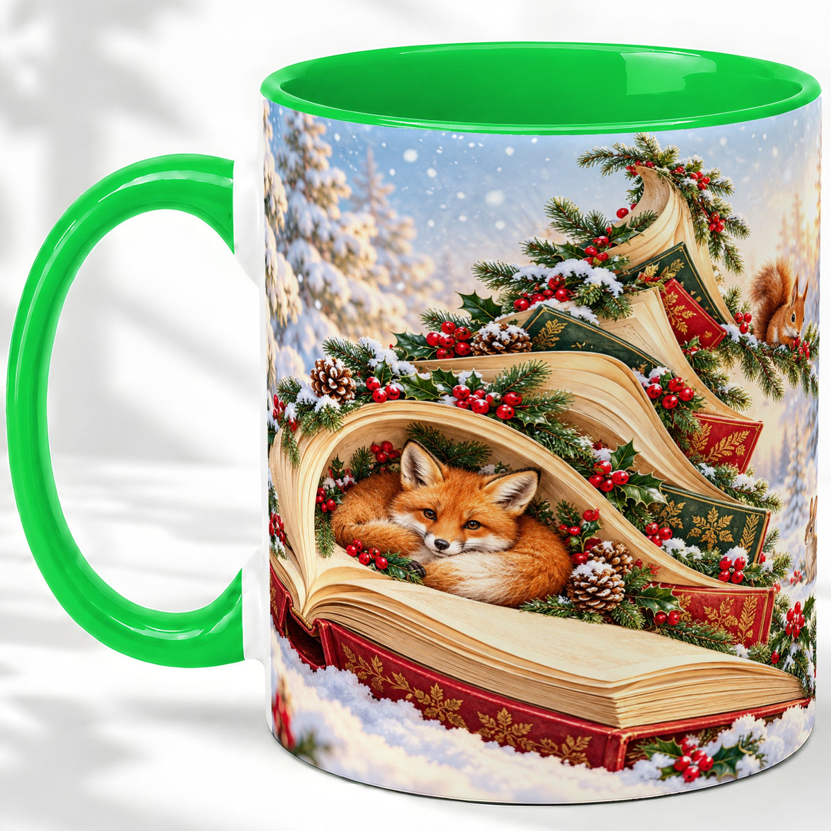 #pl[11oz|Green] Christmas Book Tree Accent Ceramic Mug, Woodland Animals