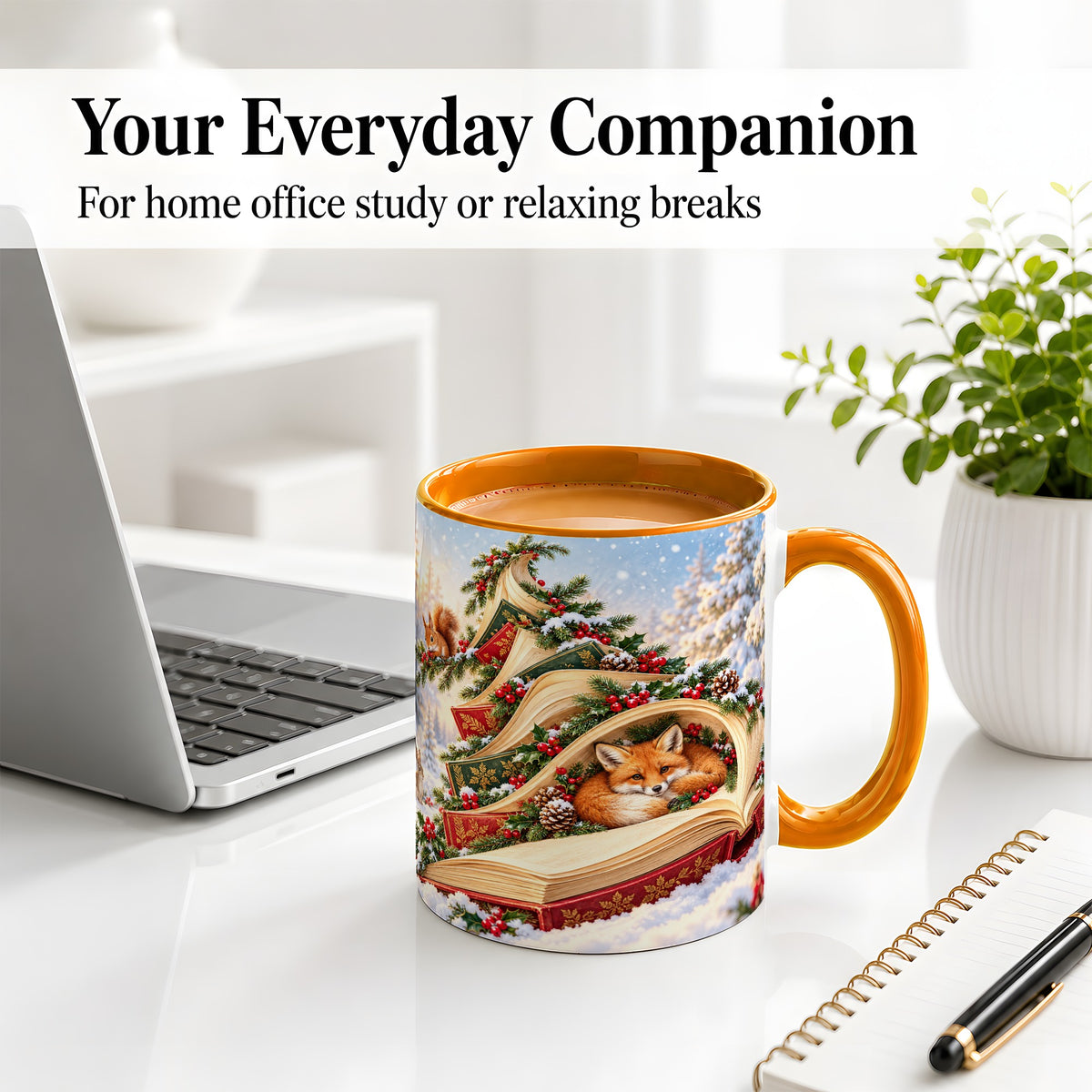 #pl[11oz|Orange] Christmas Book Tree Accent Ceramic Mug, Woodland Animals
