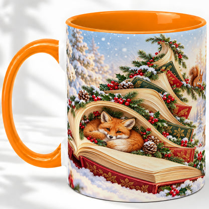 #pl[11oz|Orange] Christmas Book Tree Accent Ceramic Mug, Woodland Animals