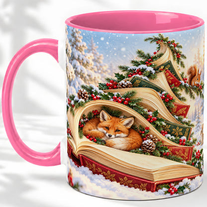 #pl[11oz|Pink] Christmas Book Tree Accent Ceramic Mug, Woodland Animals
