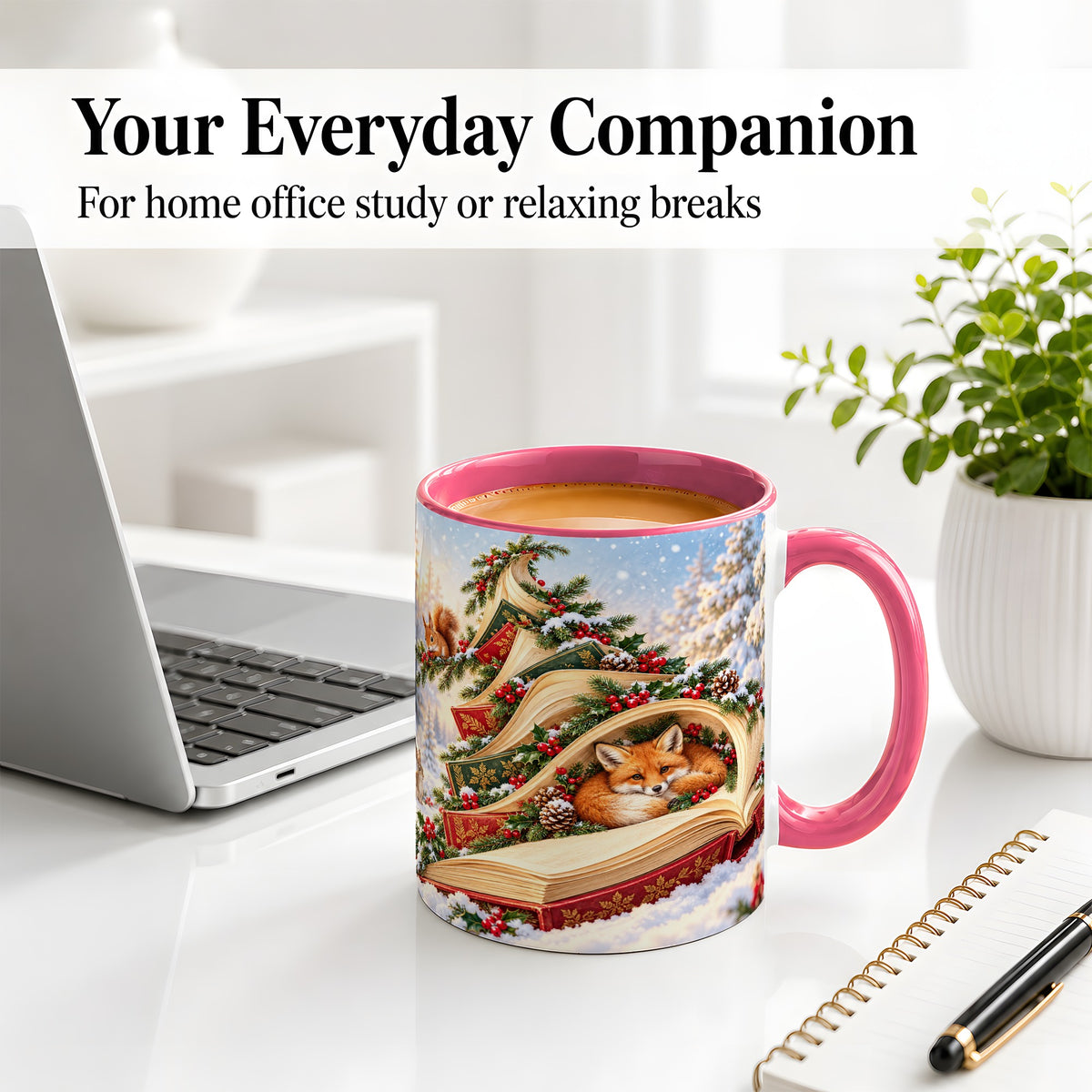 #pl[11oz|Pink] Christmas Book Tree Accent Ceramic Mug, Woodland Animals