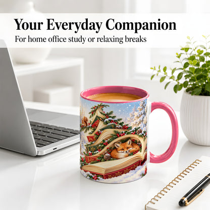 #pl[11oz|Pink] Christmas Book Tree Accent Ceramic Mug, Woodland Animals