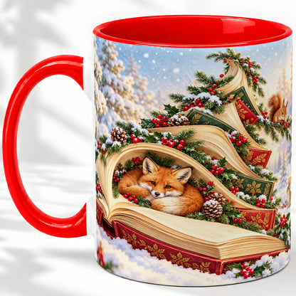 Christmas Book Tree Accent Ceramic Mug, Woodland Animals