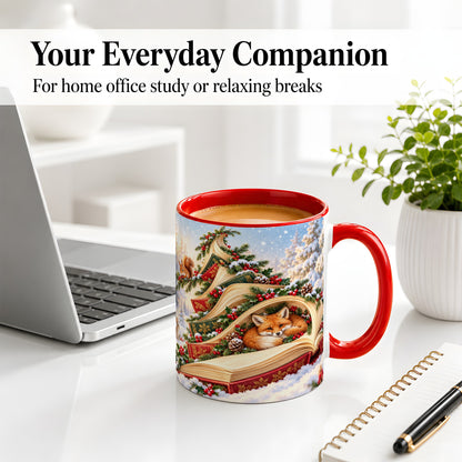 #pl[11oz|Red] Christmas Book Tree Accent Ceramic Mug, Woodland Animals