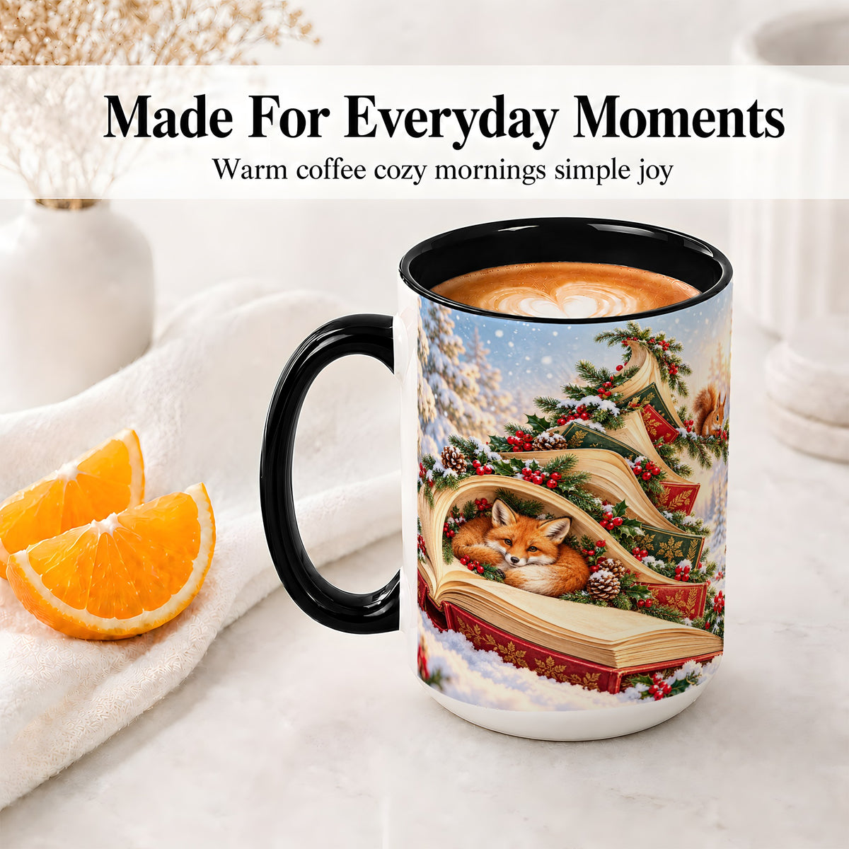 #pl[15oz|Black] Christmas Book Tree Accent Ceramic Mug, Woodland Animals