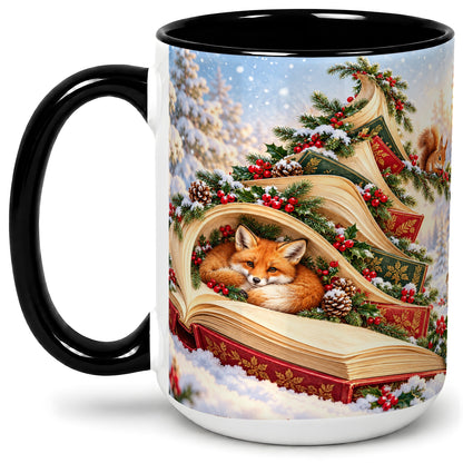 #pl[15oz|Black] Christmas Book Tree Accent Ceramic Mug, Woodland Animals