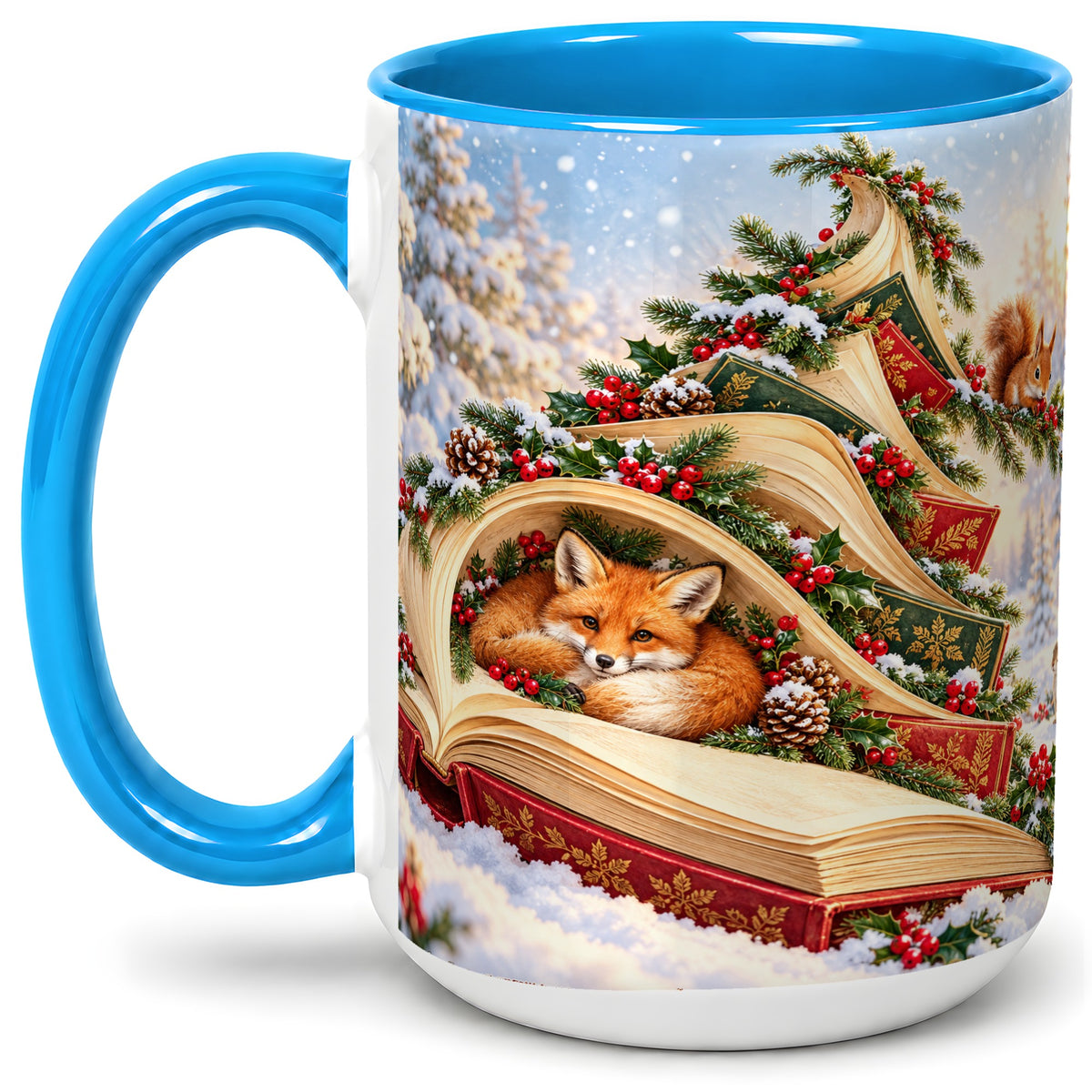 #pl[15oz|Blue] Christmas Book Tree Accent Ceramic Mug, Woodland Animals