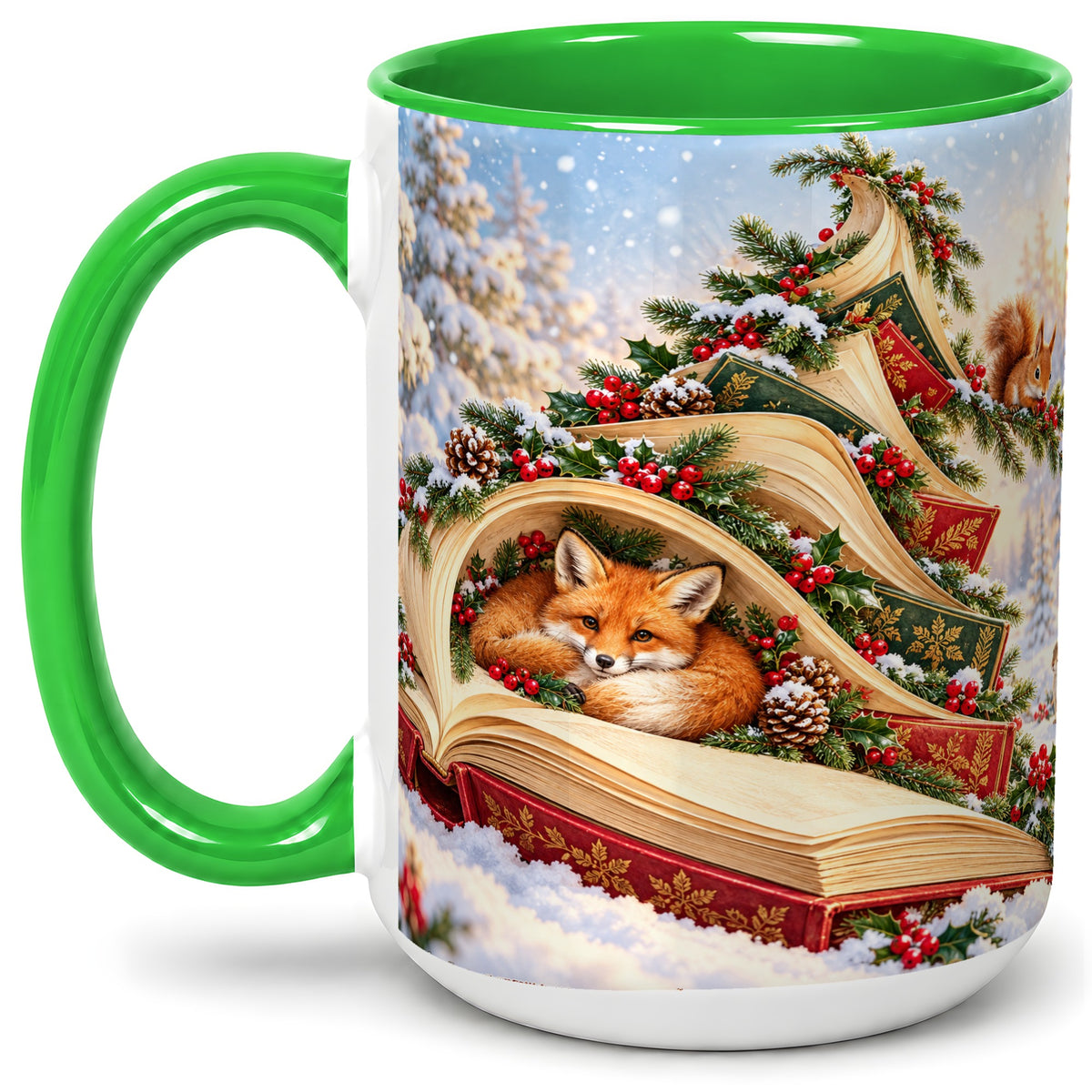 #pl[15oz|Green] Christmas Book Tree Accent Ceramic Mug, Woodland Animals