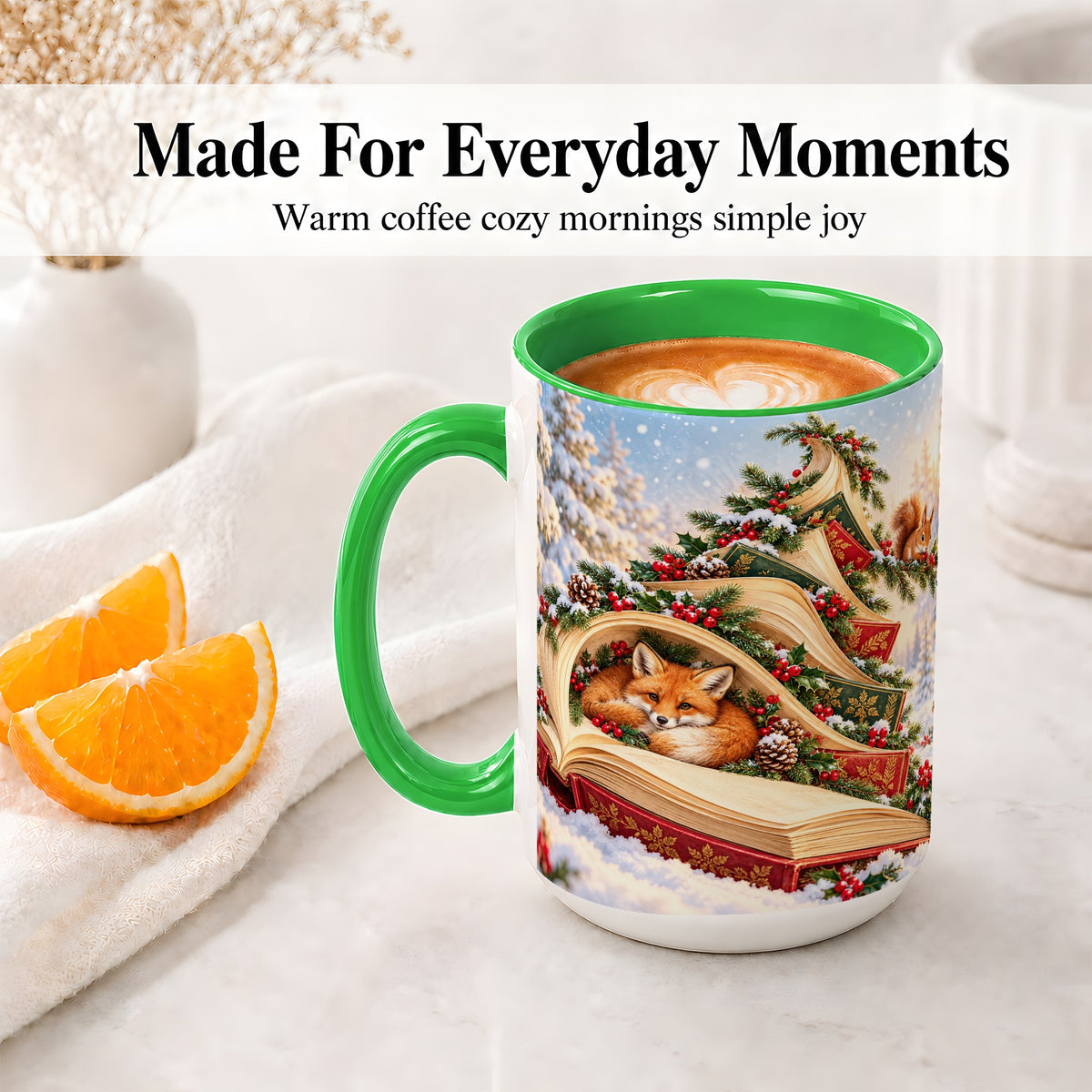 #pl[15oz|Green] Christmas Book Tree Accent Ceramic Mug, Woodland Animals