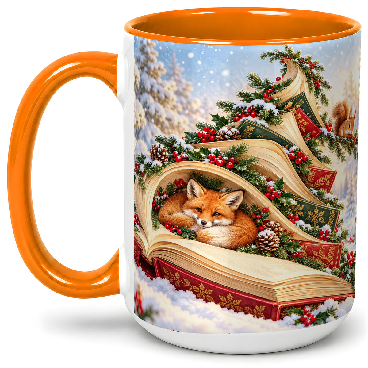 #pl[15oz|Orange] Christmas Book Tree Accent Ceramic Mug, Woodland Animals