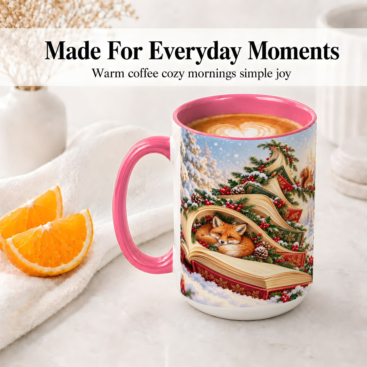 #pl[15oz|Pink] Christmas Book Tree Accent Ceramic Mug, Woodland Animals