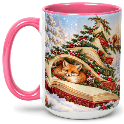 #pl[15oz|Pink] Christmas Book Tree Accent Ceramic Mug, Woodland Animals