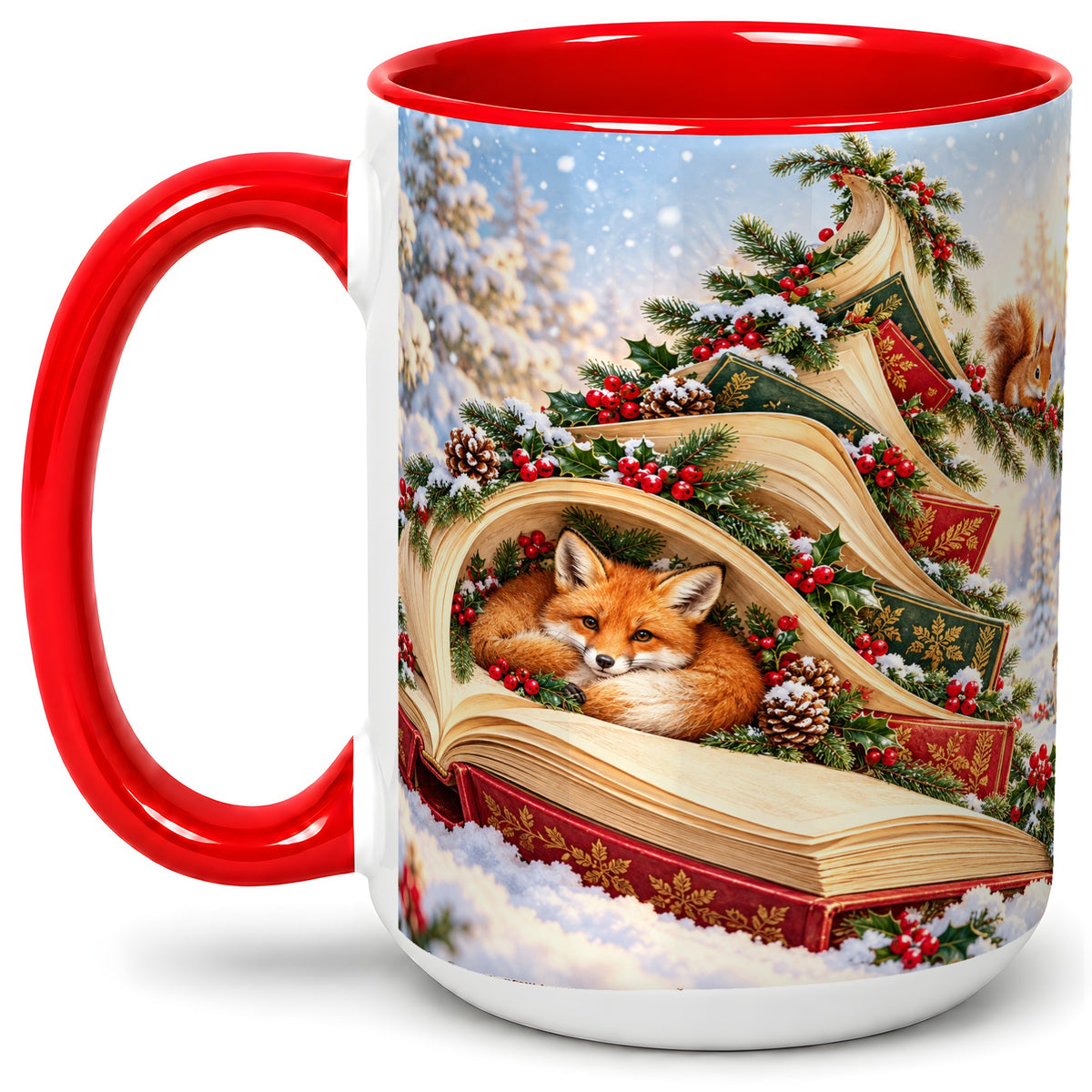 #pl[15oz|Red] Christmas Book Tree Accent Ceramic Mug, Woodland Animals