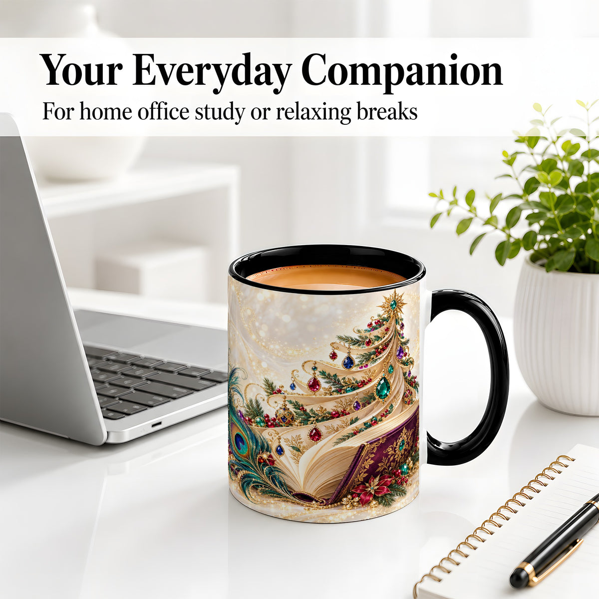 #pl[11oz|Black] Jewel-Tone Christmas Book Tree Accent Ceramic Mug, Peacock Style