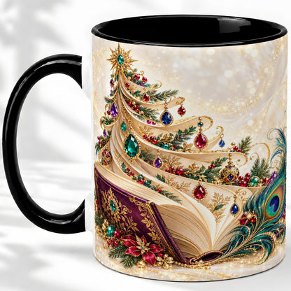 #pl[11oz|Black] Jewel-Tone Christmas Book Tree Accent Ceramic Mug, Peacock Style