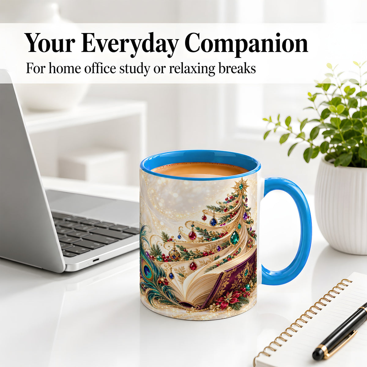 #pl[11oz|Blue] Jewel-Tone Christmas Book Tree Accent Ceramic Mug, Peacock Style