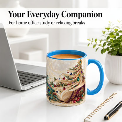 #pl[11oz|Blue] Jewel-Tone Christmas Book Tree Accent Ceramic Mug, Peacock Style