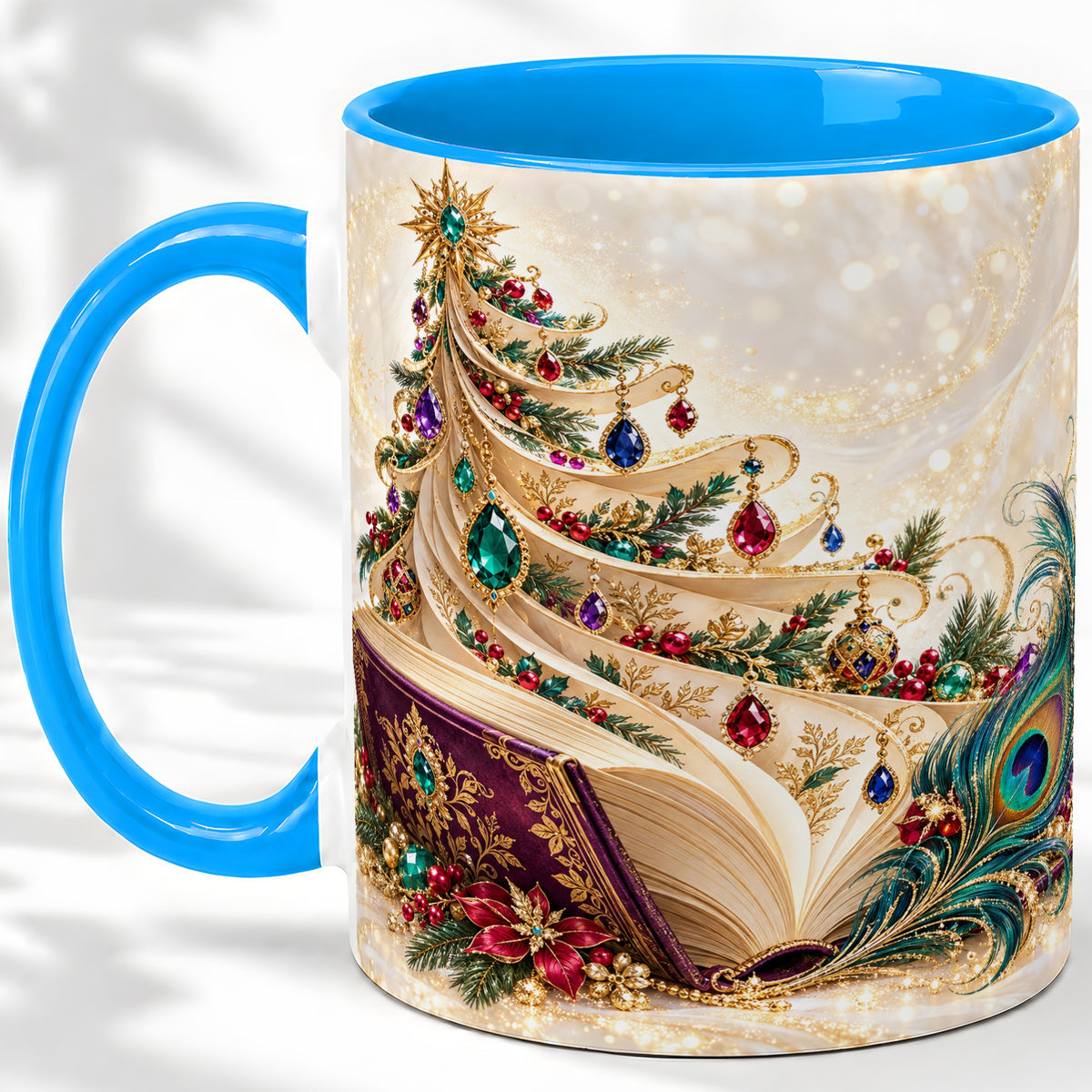 #pl[11oz|Blue] Jewel-Tone Christmas Book Tree Accent Ceramic Mug, Peacock Style